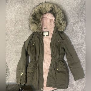 BCBGeneration Army Green Parka Lined Coat with Faux Fur Hood